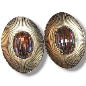 Vintage Sarah Coventry 1960s Hidden Fire Iridescent Glass Oval Clip On Earrings